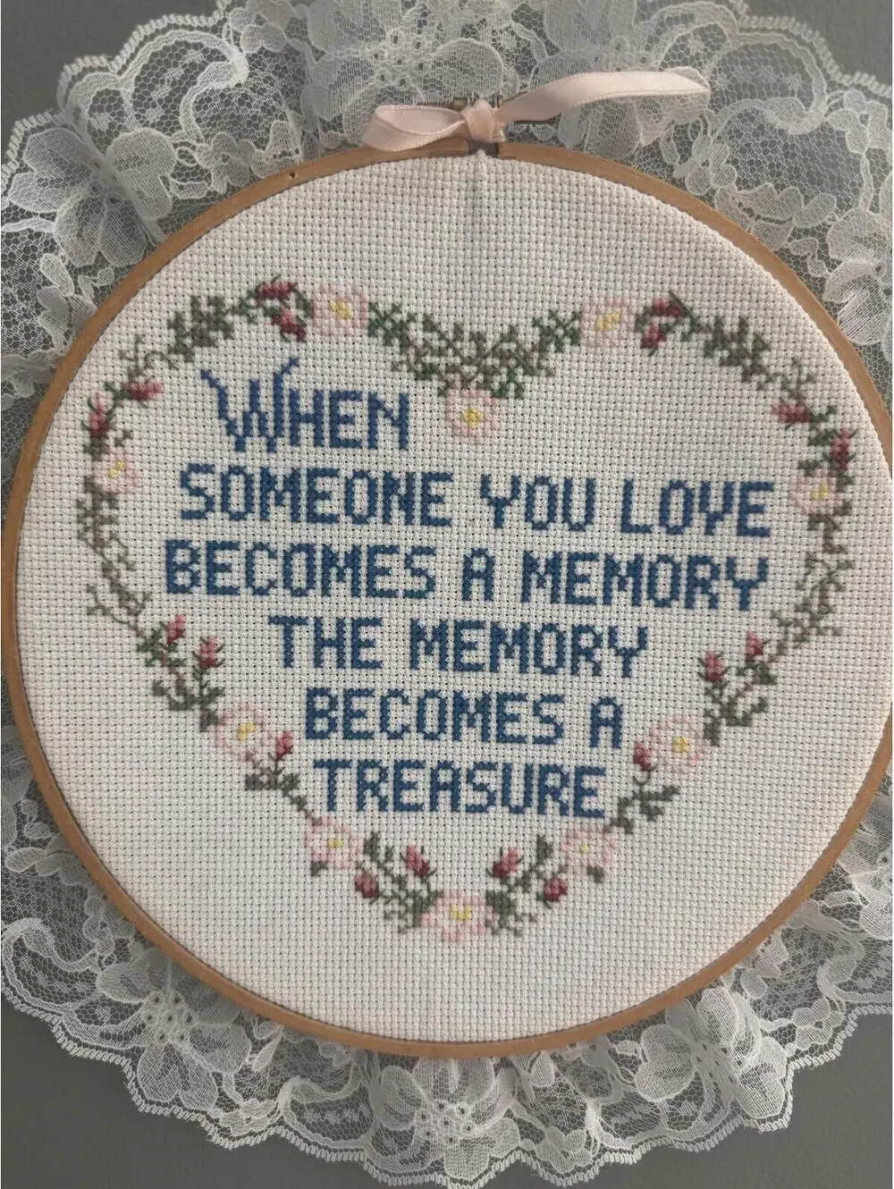 Vtg Handmade Cross Stitch Memorial Quote Wall Decor Lace Trim Embroidery Hoop